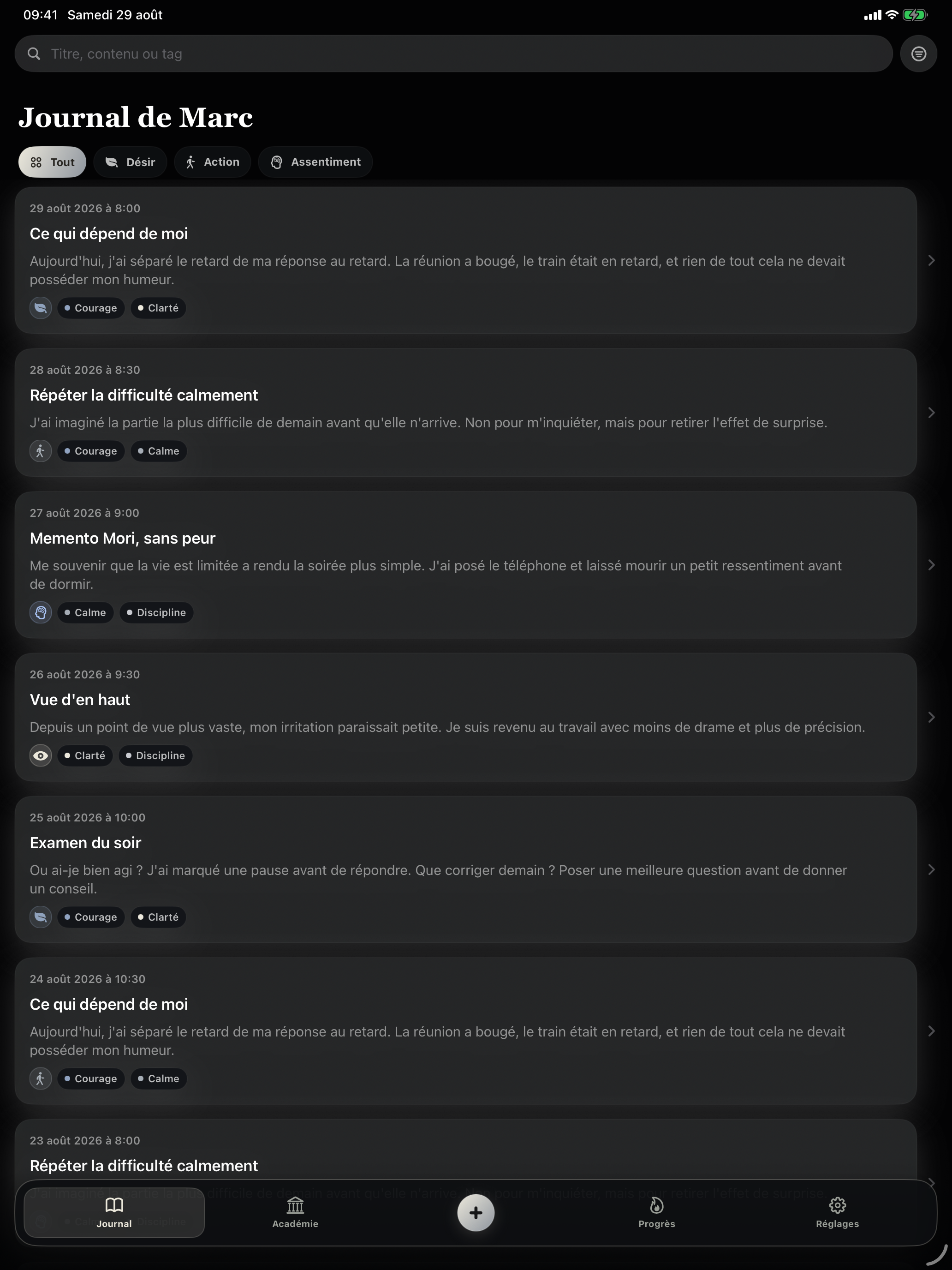 Journal stoïcien Ataraxia sur iPad