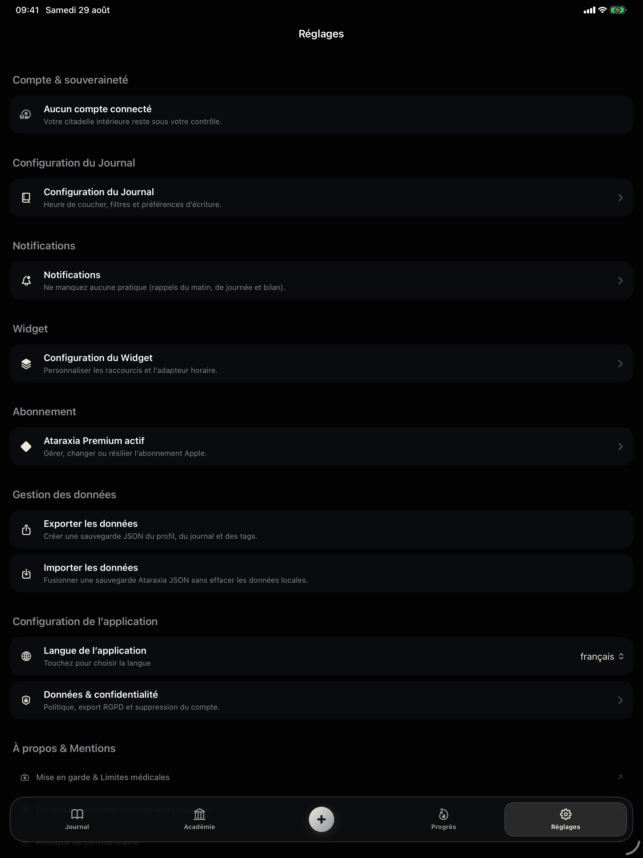 Réglages d’Ataraxia sur iPad