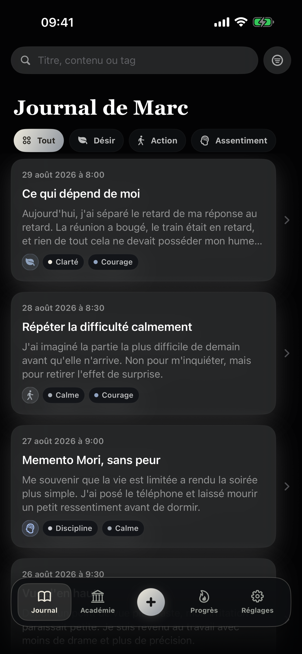 Journal stoïcien Ataraxia sur iPhone