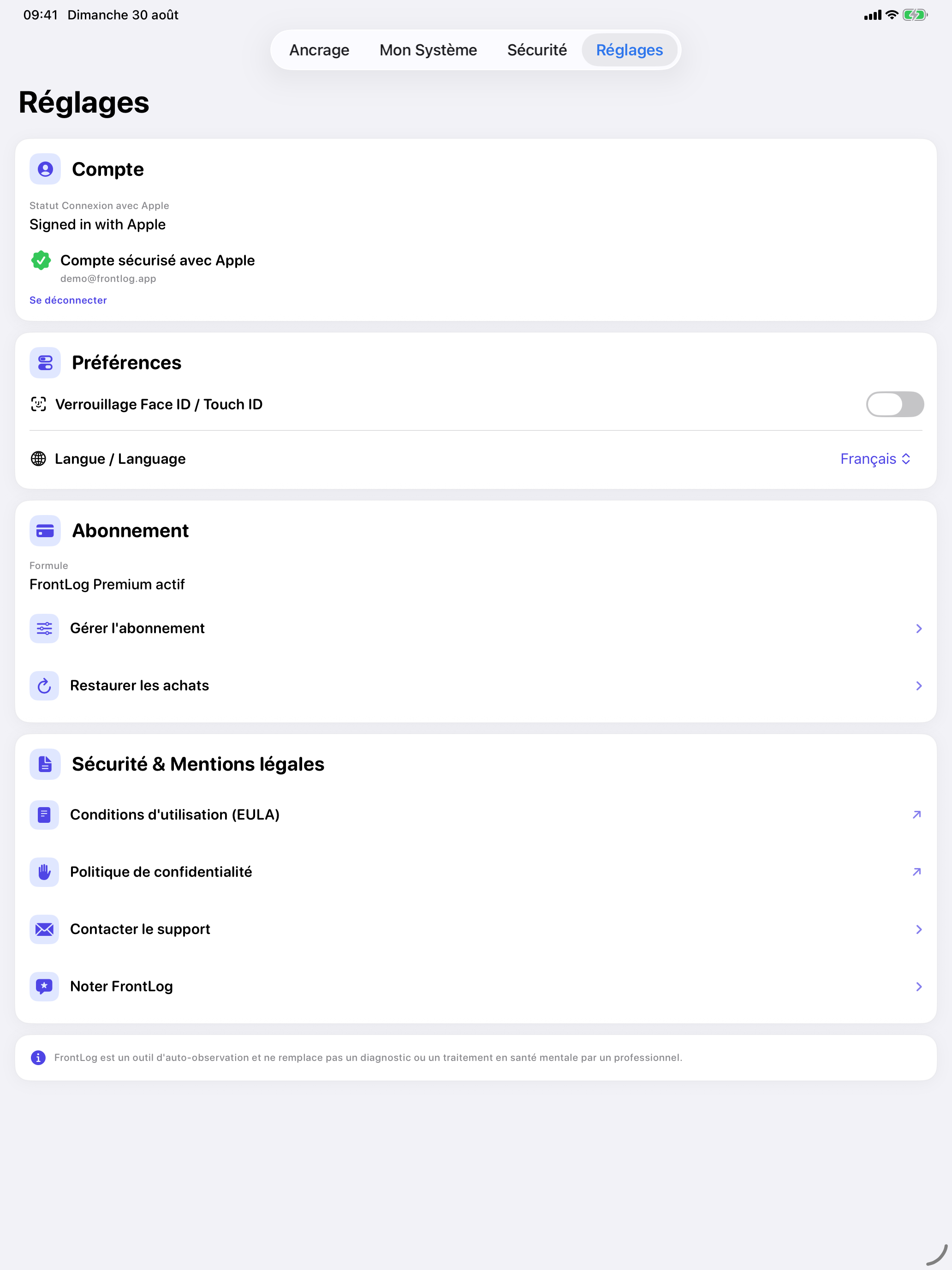 Réglages FrontLog sur iPad