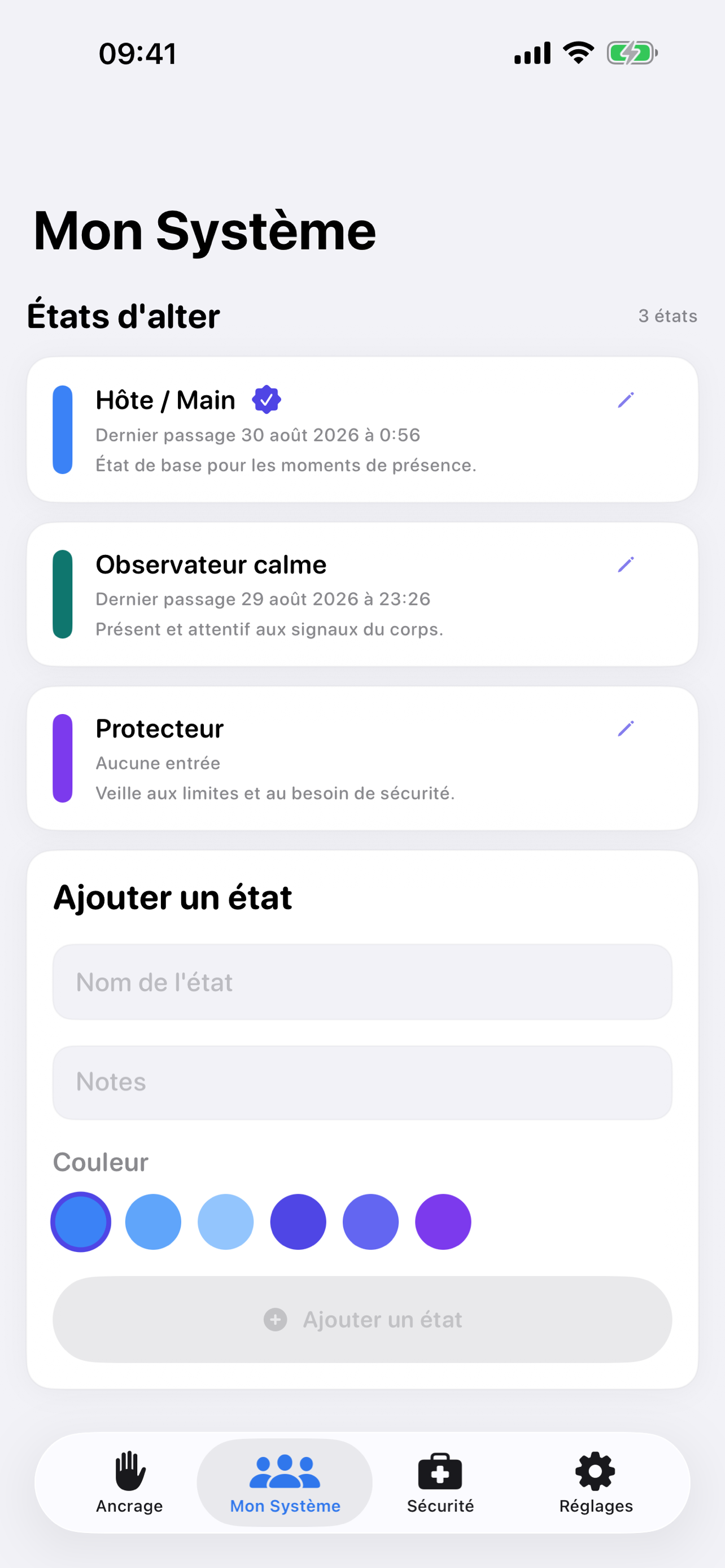 Vue du système personnel dans FrontLog sur iPhone