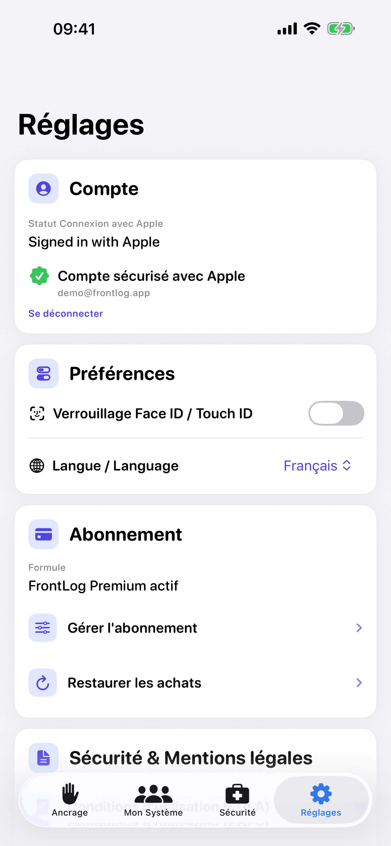 Réglages locaux de FrontLog sur iPhone