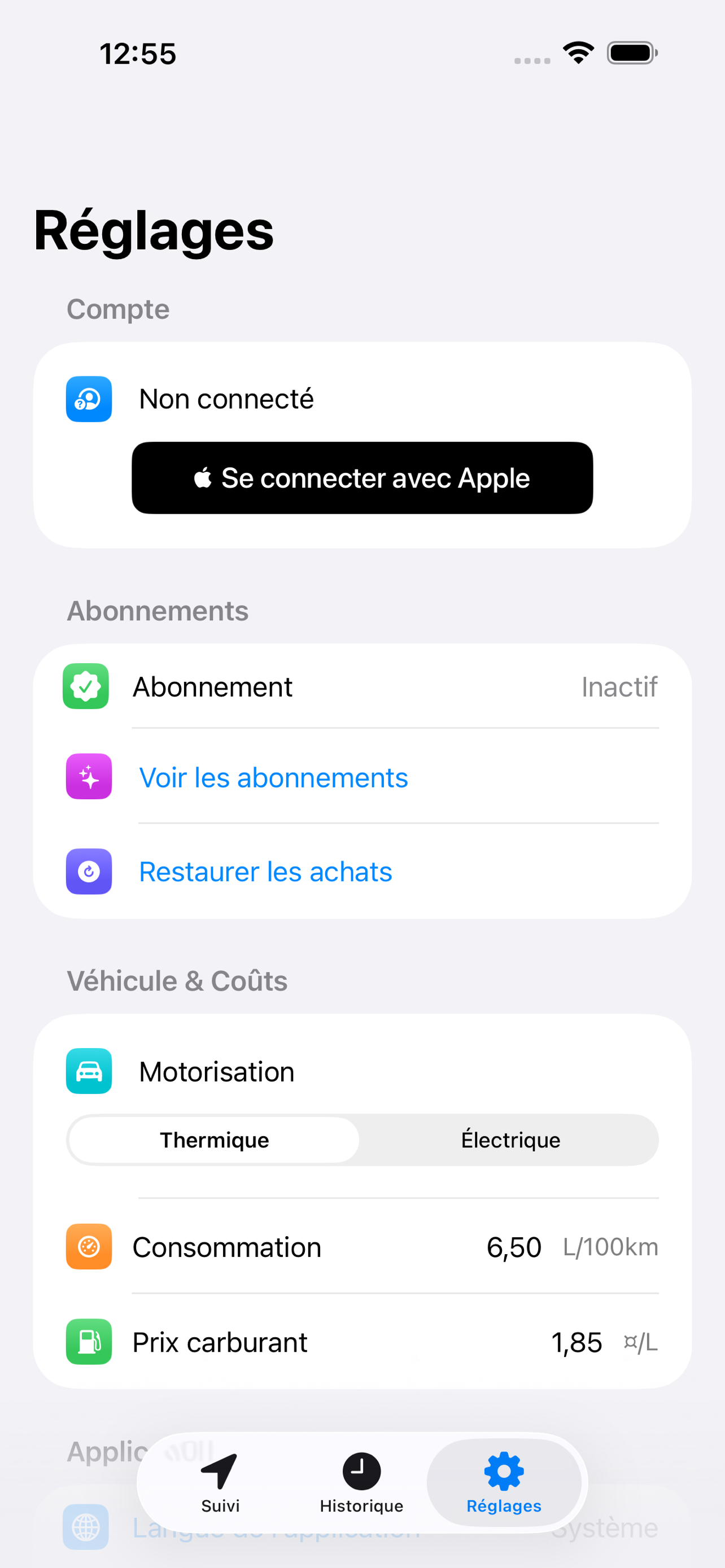 Réglages de véhicule et de coûts dans MilesTrack