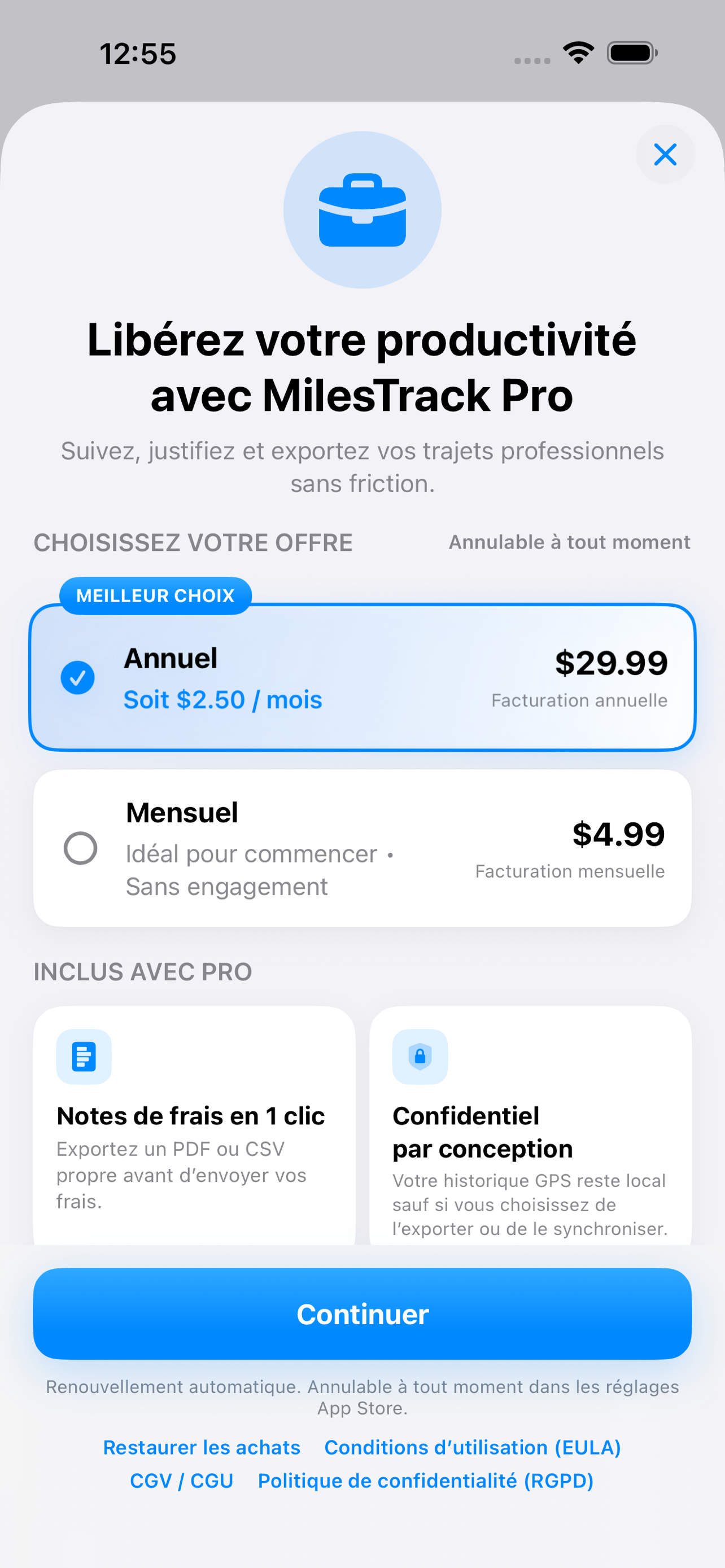 Présentation de MilesTrack Pro sur iPhone